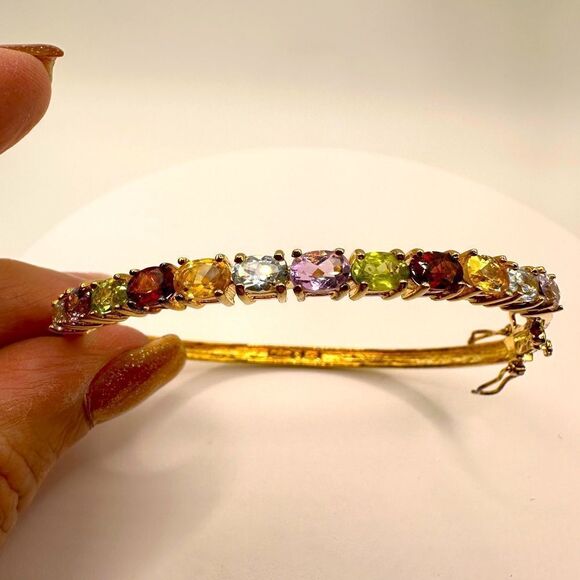 SALE! VTG Multi-gemstone cuff bracelet in gold tone over stamped .925! - Picture 1 of 7